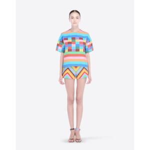 Valentino 1973 Check Panama Silk Top Rainbow Blouse Multicolor Stripe